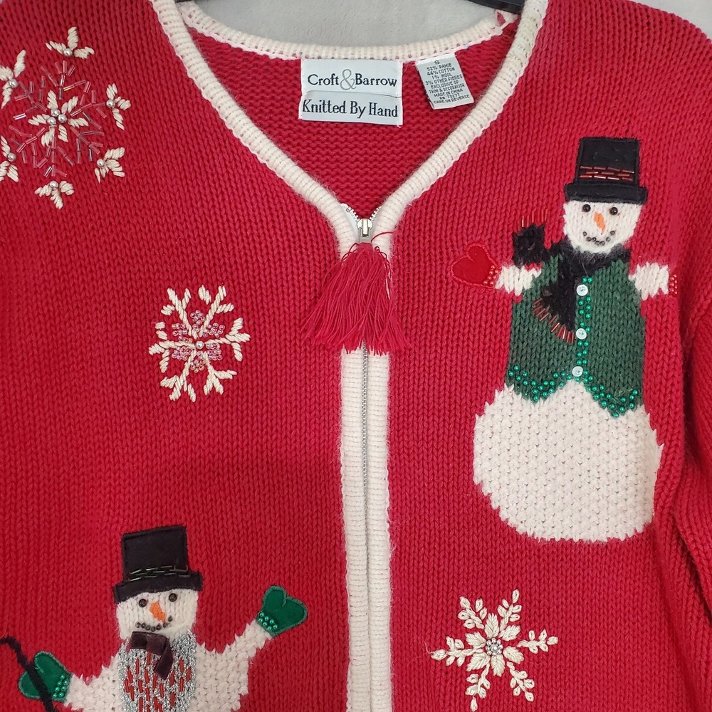 Vtg Croft & Barrow Christmas Sweater Women's S Red Hand Knitted Snowman Full Zip - Picture 2 of 6